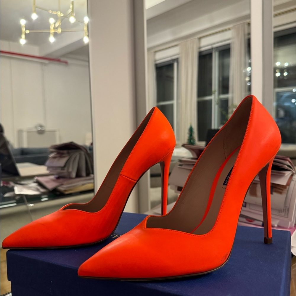 Stuart weitzman power 105 leather heels neon orange